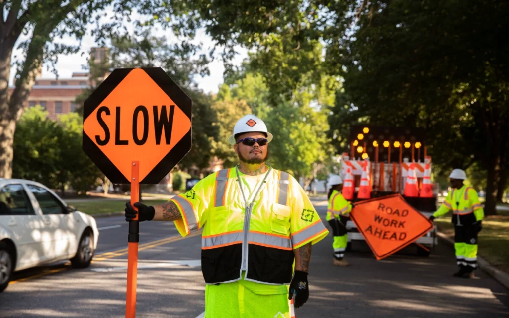 man in glasses and white hard hard standing in middle of street holding Slow traffic sign ahead of construction