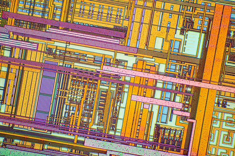 close up of a silicon chip under a microscope